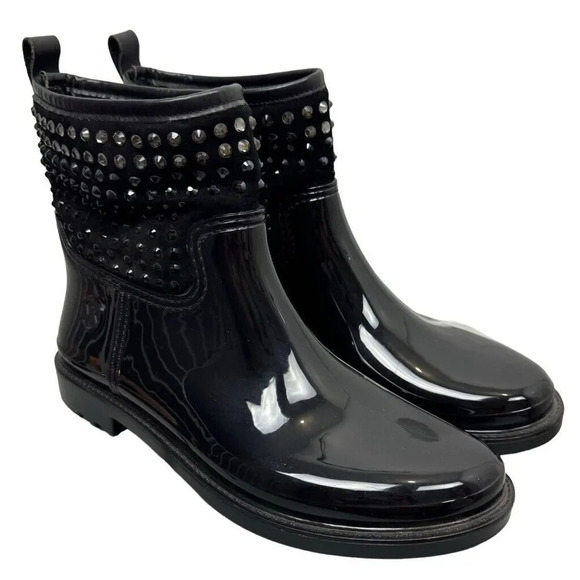 Michael Kors Womens Dani Rain Boots 11 Black Ankle Rhinestone Embellish Pull On - Picture 1 of 9